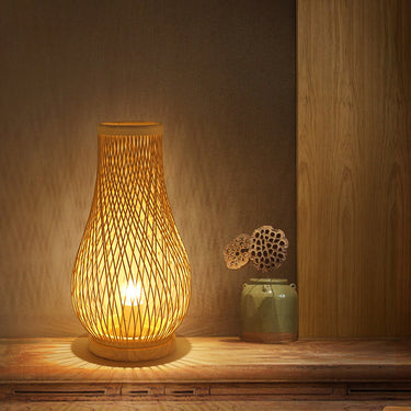 Lampe De Table Contemporaine En Forme De Lanterne En Bois Et Bambou Tissé À 1 Lumière Pour Chambre À Coucher-Lampe Veilleuse